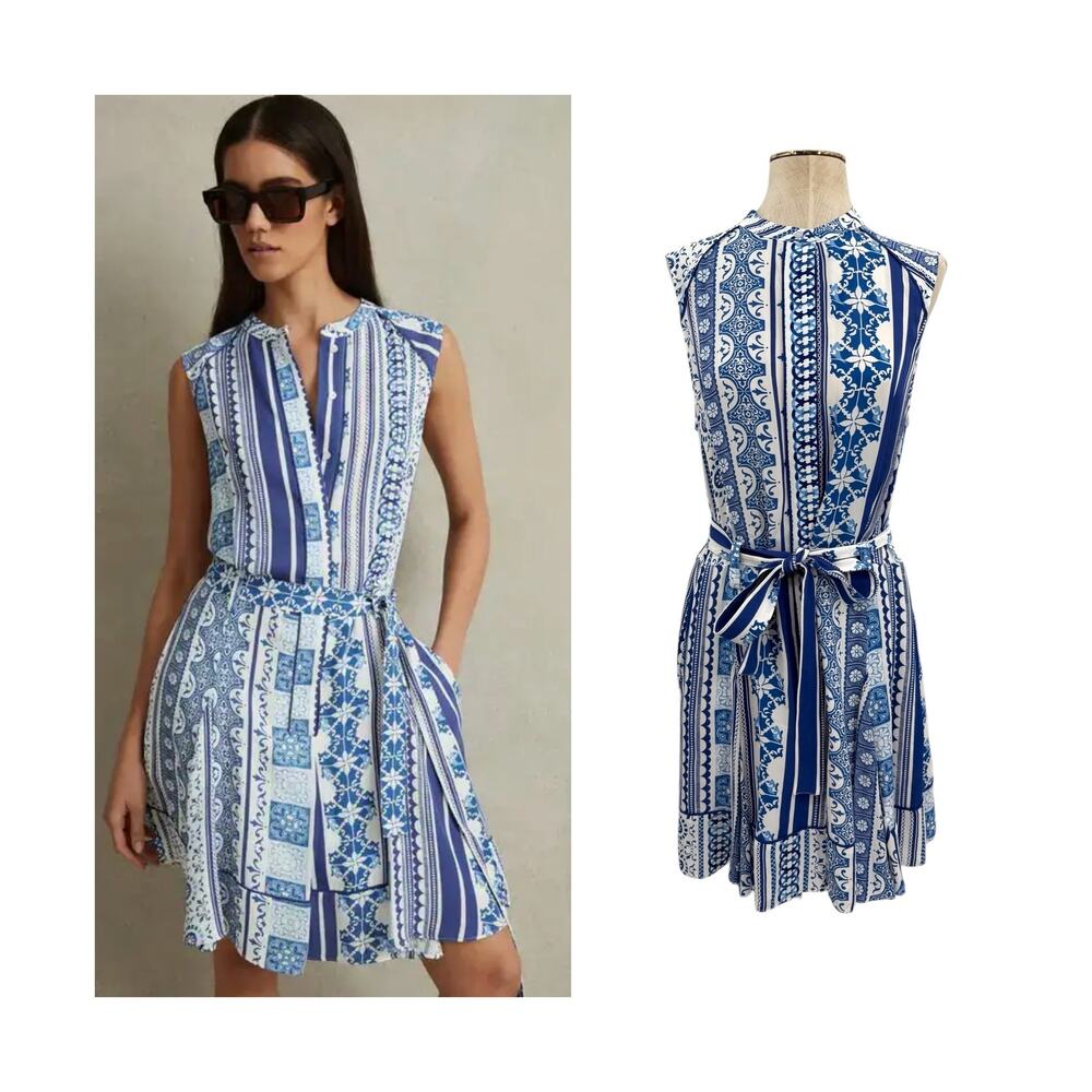 Reiss Florence Tile Print Dress Blue White Belted Fit Flare Sleeveless US 8